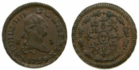 Carlos IV (1788-1808). 1799. 1 maravedí. Segovia. (Cal. 1546). Peso 1,12 gr. Bonito color.  Grado: SC