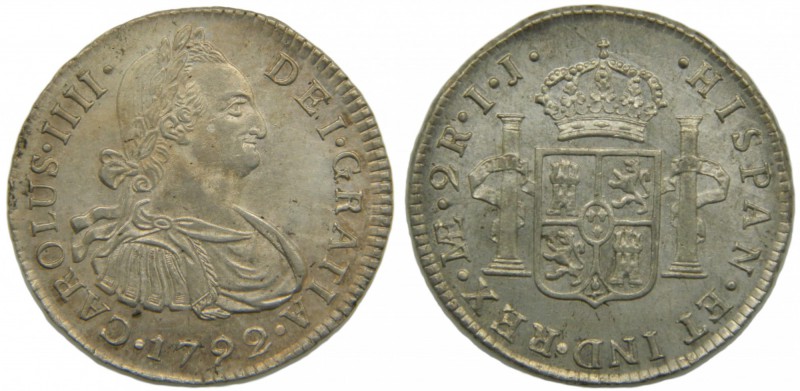 Carlos IV (1788-1808). 1792. IJ. 2 reales. Lima. (Cal.936). Ag 6,77 gr. Cabeza g...