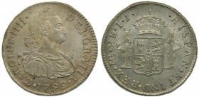 Carlos IV (1788-1808). 1792. IJ. 2 reales. Lima. (Cal.936). Ag 6,77 gr. Cabeza grande. Espectacular. Grado: SC-