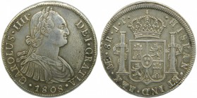 Carlos IV (1788-1808). 1808. JP. 8 reales. Lima. (Cal.665). Ag 27,06 gr. Un poco desplazado. Limpiado. Grado: MBC
