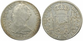Carlos IV (1788-1808). 1789. FM. 8 reales. México. (Cal. 681). Ag 26,93 gr. Numeral del Rey IV.   Grado: MBC+
