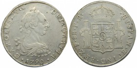 Carlos IV (1788-1808). 1790. PR. 8 reales. Potosí. (Cal. 711). Ag 26,93 gr. Golpecitos. Grado: MBC