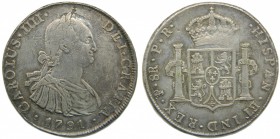 Carlos IV (1788-1808). 1791. PR. 8 reales. Potosí. (Cal. 712). Ag 26,94 gr. Anverso acuñado sobre un reverso incuso. Grado: MBC+