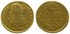 Carlos IV (1788-1808). 1788. MF. 1/2 escudo. Madrid. (Cal.608). Au 1,69 gr. Muy RARA. Grado: MBC