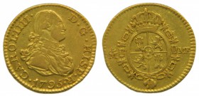 Carlos IV (1788-1808). 1795. MF. 1/2 escudo. Madrid. (Cal.615). Au 1,75 gr. Muy RARA. Grado: MBC-