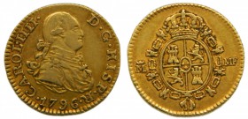 Carlos IV (1788-1808). 1796. MF. 1/2 Escudo. Madrid. (Cal.616). Au 1,75 gr. Muy RARA. Grado: MBC