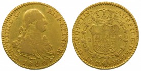 Carlos IV (1788-1808). 1800/790. MF. 2 escudos. Madrid. (Cal. 339). Au 6,71 gr. Grado: MBC