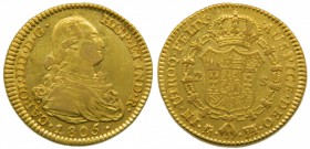 Carlos IV (1788-1808). 1805. FA/FM. 2 escudos. Madrid. (Cal. 348 var). Au 6,77 gr. ESCASA.  Grado: MBC+
