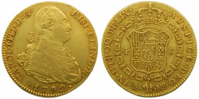 Carlos IV (1788-1808). 1792. MF. 4 escudos. Madrid. (Cal. 202). Au 13,46 gr.  Grado: BC+