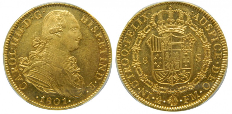Carlos IV (1788-1808). 1801. FM. 8 escudos. México. (Cal. 53). PCGS. Brillo orig...