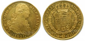Carlos IV (1788-1808). 1801. FM. 8 escudos. México. (Cal. 53). PCGS. Brillo original. Grado: AU58