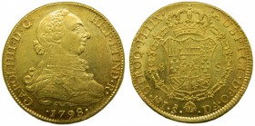 Carlos IV (1788-1808). 1798. DA. 8 escudos. Santiago. (Cal. 157). Au 27,09 gr. Brillo original.  Grado: EBC+