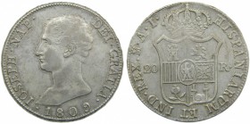 José Napoleón (1808-1814). 1809. AI. 20 reales. Madrid. (Cal. 24). Ag 27,04 gr. Grado: EBC