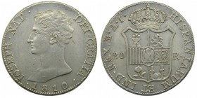 José Napoleón (1808-1814). 1810. AI. 20 reales. Madrid. (Cal. 25). Ag 27,66 gr. Grado: EBC+