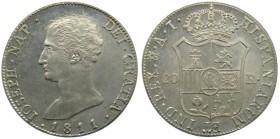 José Napoleón (1808-1814). 1811. AI. 20 reales. Madrid. (Cal. 29). Ag 26,81 gr. Aguila pequeña. Brillo original. Grado: SC