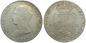 José Napoleón (1808-1814). 1812. AI. 20 reales. Madrid. (Cal. 30). Ag 26,95 gr. Grado: MBC+