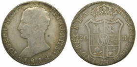 José Napoleón (1808-1814). 1812. LA. 20 reales. Sevilla. (Cal. 35). Ag 26,62 gr. RARO. Grado: MBC-