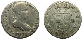 Fernando VII (1808-1833). 1831. JB. 1/2 real. Sevilla. (Cal.1398). Ag 1,42 gr. Grado: MBC