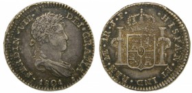 Fernando VII (1808-1833). 1821. JP. 1 real. Lima. (Cal.1140). Ag 3,22 gr. Variante cabeza grande.   Grado: MBC+