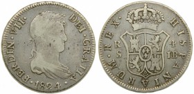 Fernando VII (1808-1833). 1824/0. JB. 4 reales. Sevilla. (Cal.815 var). Ag 13,41 gr. Grado: BC