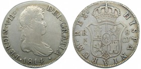 Fernando VII (1808-1833). 1814. CJ. 8 reales. Cádiz. (Cal. 376). Ag 26,92 gr. Grado: MBC
