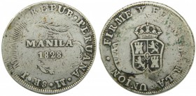 Fernando VII (1808-1833). 1828. 8 reales. Manila. (Cal.534). Ag 26,30 gr. Acuñada sobre 8 reales de Perú. (JM). RARA.  Grado: MBC