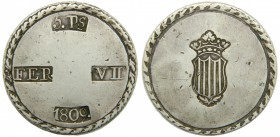 Fernando VII (1808-1833). 1809. 5 pesetas. Tarragona. (Cal. 653). Ag 26,65 gr. Rayitas en cruz en el reverso.  Grado: MBC