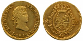 Fernando VII (1808-1833). 1814. JJ. 1/2 escudo. México. (Cal. 361). Au 1,71 gr. Restos de brillo original. Escasa. Grado: EBC