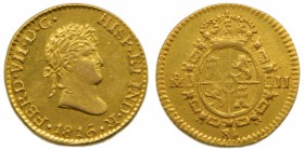 Fernando VII (1808-1833). 1816. JJ. 1/2 escudo. México. (Cal.363). Au 1,68 gr. Grado: EBC-