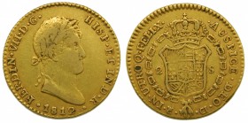 Fernando VII (1808-1833). 1812. CI. 2 escudos. Cádiz. (Cal.180). Au 6,66 gr. c pequeña. Rayita en anverso.  Grado: MBC
