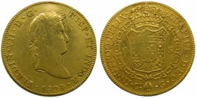 Fernando VII (1808-1833). 1824. G. 8 escudos. Cuzco. (Cal. 4). Au 26,92 gr. Hojita en anverso. Limpiada.  Grado: BC