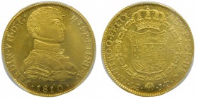 Fernando VII (1808-1833). 1810. JP. 8 escudos. Lima. (Cal. 14). (Cal. onza 1212). PCGS. Busto indígena. Brillo original. Muy rara en esta conservación...