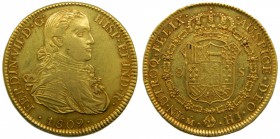 Fernando VII (1808-1833). 1809. HJ. 8 escudos. México. (Cal. 44). (Cal. Onza 1252). Au 26,98 gr. Busto imaginario. Parte de brillo original. Rotura de...