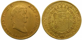 Fernando VII (1808-1833). 1820. JJ. 8 escudos. México. (Cal. 61). (Cal. Onza 1271). Au 26,98 gr. Marquitas en anverso. Grado: MBC