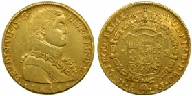 Fernando VII (1808-1833). 1811. FJ. 8 escudos. Santiago. (Cal.116). Au 27,04 gr. Busto de Almirante. Con punto entre los ensayadores. Rayitas. Grado: ...