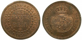 Isabel II (1833-1868). 1850. Décima de Real. Segovia. (Cal. 581). Peso 3,9 gr. Restos de brillo original. Defecto en el canto. Grado: SC-