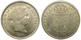 Isabel II (1833-1868). 1865. 40 céntimos de escudo. Madrid. (Cal.337). Ag 5,07 gr. Muy bonita. Grado: EBC