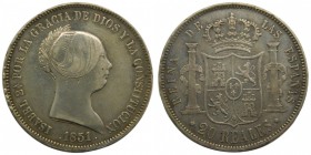 Isabel II (1833-1868). 1851. 20 reales. Barcelona. (Cal. 152). Ag 26.21 gr. Grado: MBC+