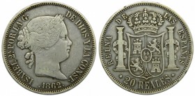Isabel II (1833-1868). 1862. 20 reales. Madrid. (Cal. 184). Ag 25,73 gr. Grado: MBC