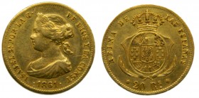 Isabel II (1833-1868). 1861. 20 reales. Madrid. (Cal. 119). Au 1,49 gr. Grado: MBC