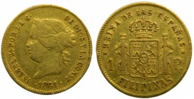 Isabel II (1833-1868). 1861. 1 peso. Filipinas. (Cal. 142). Au 1,64 gr. Grado: BC+