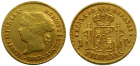 Isabel II (1833-1868). 1863. 1 peso. Filipinas. (Cal. 144). Au 1,71 gr. Grado: MBC+