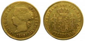 Isabel II (1833-1868). 1868. 1 peso. Filipinas. (Cal. 150). Au 1,71 gr. Rayitas en anverso Grado: BC
