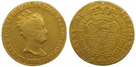 Isabel II (1833-1868). 1838. PS. 80 reales. Barcelona. (Cal. 53). Au 6,73 gr. Rayitas en reverso. Grado: BC