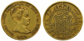 Isabel II (1833-1868). 1839. PS. 80 reales. Barcelona. (Cal. 55). Au 6,69 gr. Leves golpecitos. Grado: BC