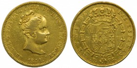 Isabel II (1833-1868). 1841. PS. 80 reales. Barcelona. (Cal. 58). Au 6,75 gr. Golpecito en el canto.  Grado: MBC