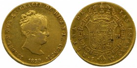 Isabel II (1833-1868). 1839. RD. 80 reales. Sevilla (Cal. 88). Au 6,77 gr. Grado: MBC