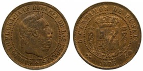 Carlos VII (1872-1876). 1875. 5 céntimos. Bruselas. (Cal. 11). Reverso levemente girado.   Grado: EBC+