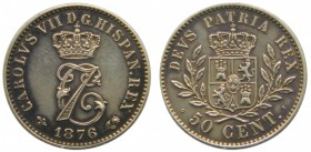 Carlos VII (1872-1876). 1876. OT. 50 céntimos. Bruselas. (Cal. 7). Ag 2,52 gr.  Grado: EBC+