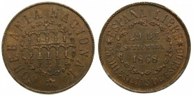 Gobierno Provisional (1868-1871). 1868. 25 Milésimas de Escudo. Segovia. (Cal. 23). ANV. SOBERANIA NACIONAL. Brillo original.  Grado: SC-